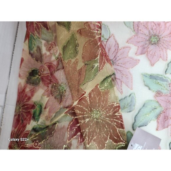 Christmas Poinsettia Table Topper 33 Inch Square Red Gold Organza with Tassels S - Picture 9 of 9